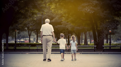 Grandfather walking with grandchildren at sunset. Concept of grandfather day, grandparents day.