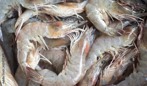Fresh prawns on ice in seafood market. Shrimp background