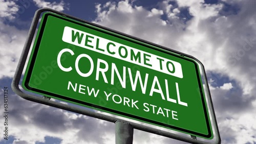 Welcome to Cornwall, New York State. USA City Road Sign Close Up, Realistic 3d Animation photo