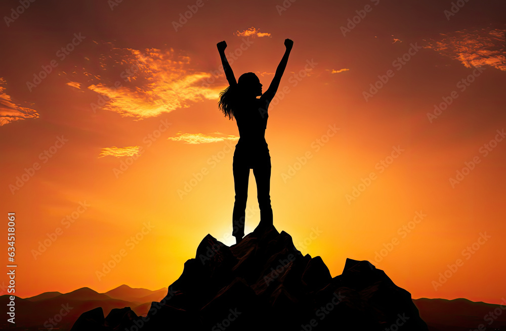 Silhouette of a woman on top of a mountain with both arms raised.