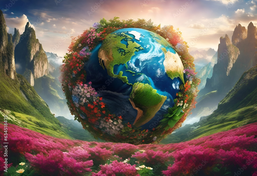 a detailed eco / environmental artwork of planet earth surrounded by plants, flowers and nature.  - obrazy, fototapety, plakaty 