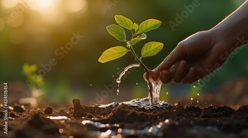 hand watering water to young tree growing up in park in sunset, save and green world concept, Generative ai