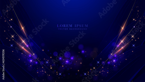 Blue luxury background with golden lines, sparkle glowing dots effect and bokeh element. Elegant style vector design