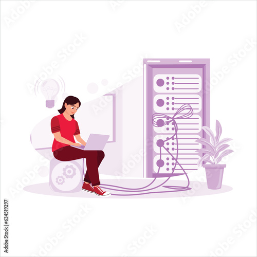 Technicians working in the server room in the data center use a laptop connected by cable to the server. Server maintenance concept. Trend Modern vector flat illustration