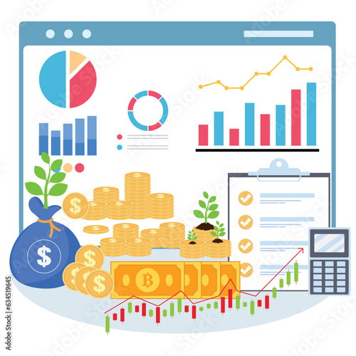 business investment and profit concept.Business chart and gold coin. Desktop of a businessman. The concept of analysis and investment and business success