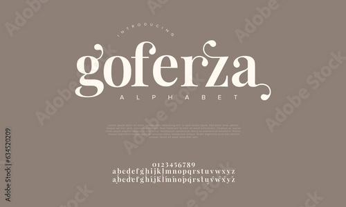 Goferza premium luxury elegant alphabet letters and numbers. Elegant wedding typography classic serif font decorative vintage retro. Creative vector illustration