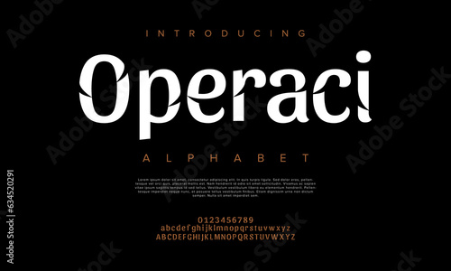 Operaci premium luxury elegant alphabet letters and numbers. Elegant wedding typography classic serif font decorative vintage retro. Creative vector illustration