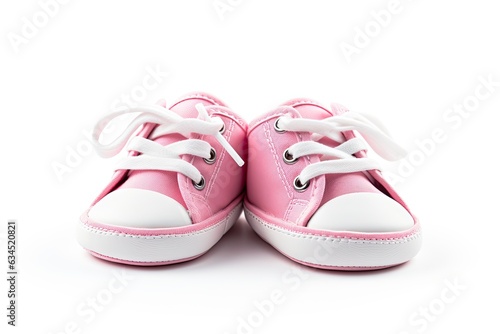 Pink baby sneakers on white background