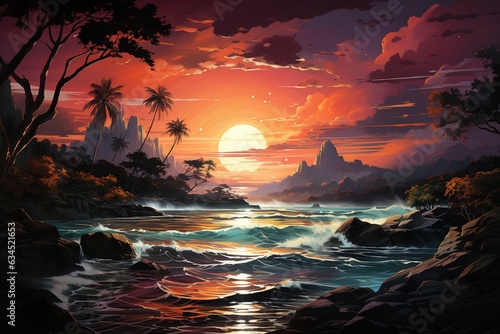 Tropical Paradise Beach  Transport viewers to a sandy beach paradise with turquoise waters  palm trees  and a vivid sunset. illustrations 