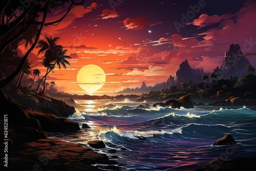 Tropical Paradise Beach: Transport viewers to a sandy beach paradise with turquoise waters, palm trees, and a vivid sunset. illustrations,