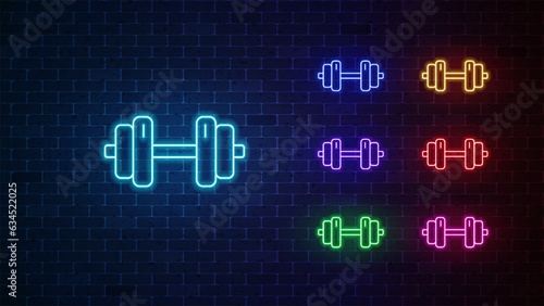 Dumbbell neon icon set. Glowing dumbbell sign. Vector illustration