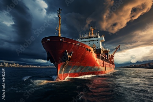 Cargo Ship Leaving Port Under a Stormy Sky, Generative AI