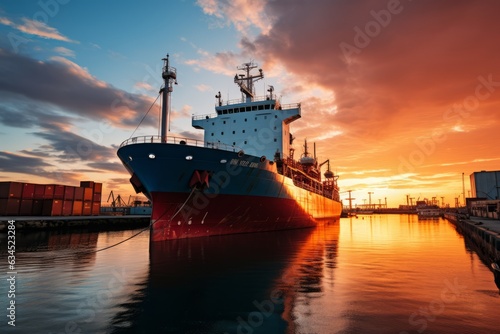Cargo Ship Docked at Sunset, Generative AI