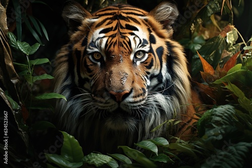 enchanting wildlife, featuring a majestic tiger resting among lush vegetation in a dense jungle