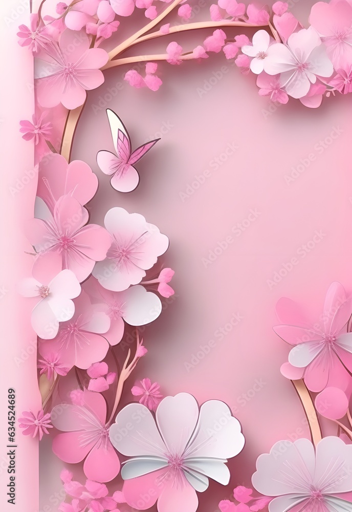 pink color paper cut style Cherry blossoms wallpaper background