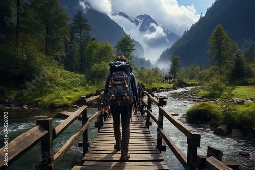adventurous travelers, with backpackers exploring a scenic mountain trail, crossing wooden bridges over a glistening river