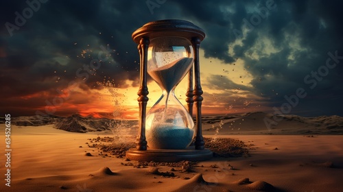 Realistic and surreal image of an hourglass in a desert scene