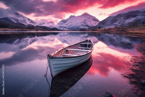 A small white wooden boat on a lake. The lake is calm and the boat is reflected in the water. The background consists of snow-covered mountains and a pink and purple sky