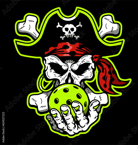 pirate captain skull mascot holding pickleball for school, college or league sports