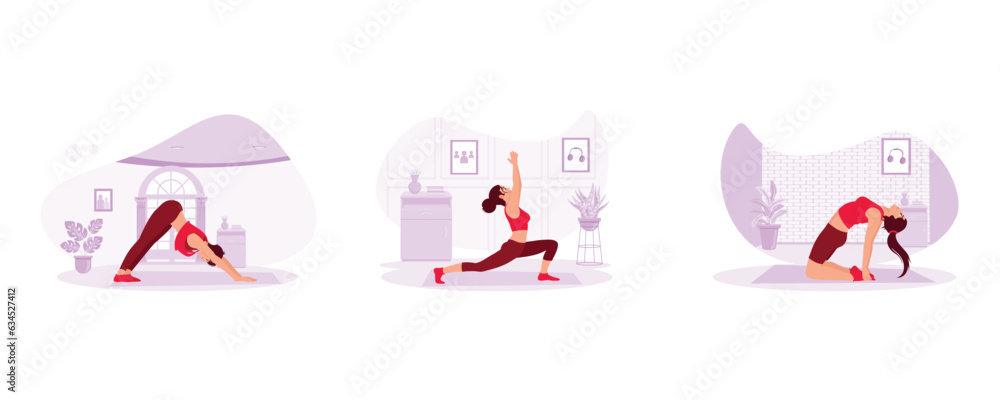 Young woman practising yoga in the house. Stretch on the mat. Practice yoga in the Ustrasana pose and camel pose. Yoga concept. Set Trend Modern vector flat illustration