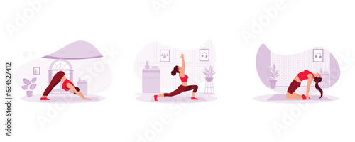 Young woman practising yoga in the house. Stretch on the mat. Practice yoga in the Ustrasana pose and camel pose. Yoga concept. Set Trend Modern vector flat illustration