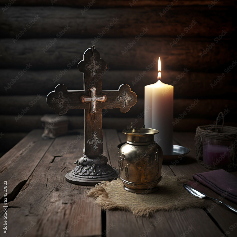 Beautiful christian background. Orthodox christian cross on wooden background with candle and dim light. Beautiful christian background. Orthodox christian cross on wooden background with candle and dim light.