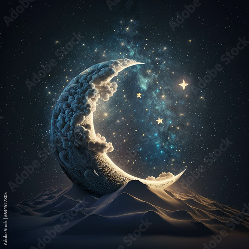 Crescent moon against the starry sky with mountains. Fictional fairy-tale illustration.