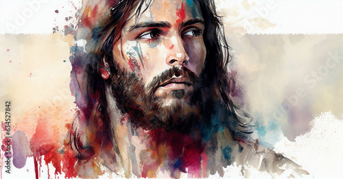 Watercolor painting of Jesus Christ. Portrait of spiritual leader.