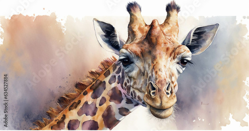 A watercolor image of a giraffe on watercolor background. Cute animal illustration. photo