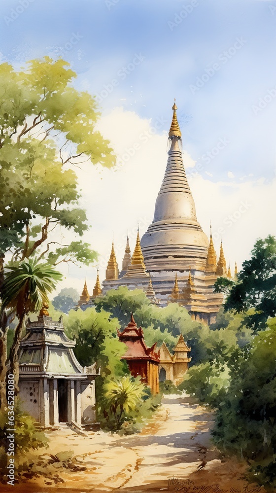 Myanmar, Landscape, water color, illustration.