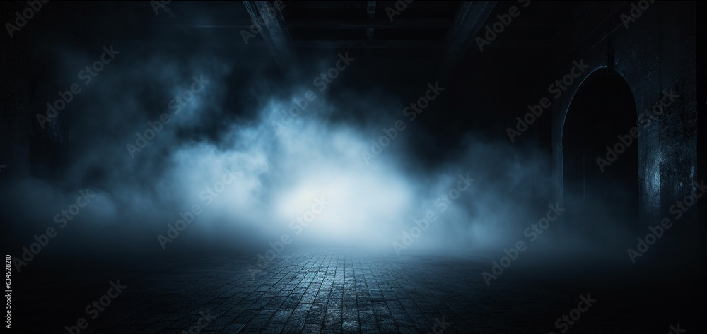 A dark room with smoke coming out of it, Night scene with fog, dark Empty place, Generative AI A dark room with smoke coming out of it, Night scene with fog, dark Empty place, Generative AI