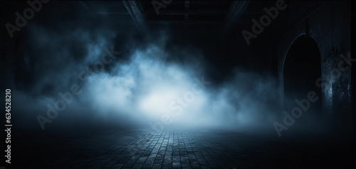 A dark room with smoke coming out of it  Night scene with fog  dark Empty place  Generative AI