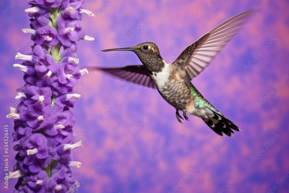 A tiny Hummingbird with iridescent plumage hovers mid-air against a floral lavender backdrop, creating an exciting and dynamic image. A tiny Hummingbird with iridescent plumage hovers mid-air against a floral lavender backdrop, creating an exciting and dynamic image.
