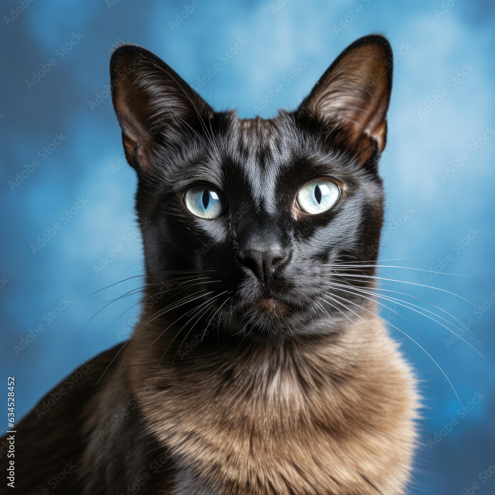 A sophisticated Siamese cat with intense blue eyes poses elegantly in a studio against a pale blue pastel background.