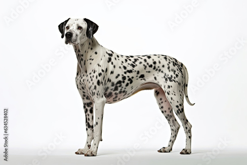 "A striking Dalmatian with black spots against a white backdrop."