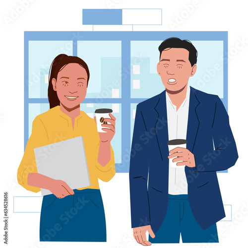 businessman woman drinking coffee tired happy in office in flat illustration