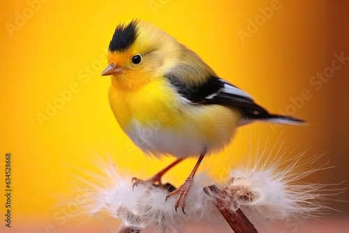 A cheerful Goldfinch with vibrant, yellow plumage fluffs its feathers against a sunny yellow backdrop, depicting joy and vibrancy.
