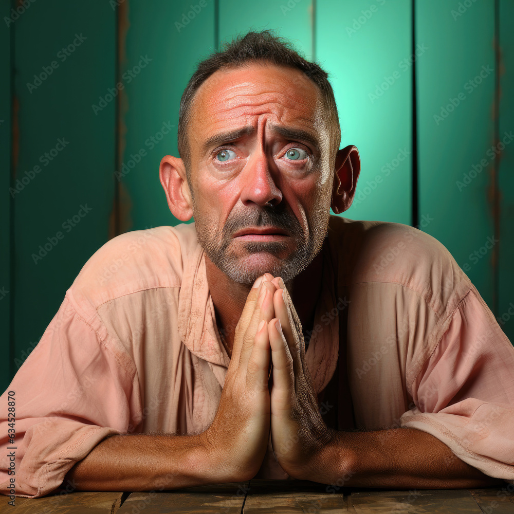 A Native American man in his 40s with a troubled expression biting his nails against a turquoise backdrop. A Native American man in his 40s with a troubled expression biting his nails against a turquoise backdrop.