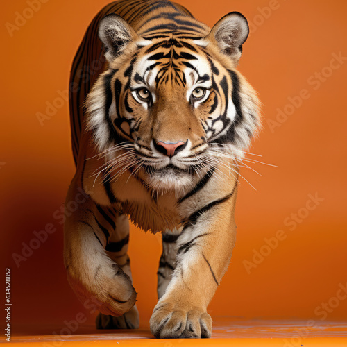 A regal Bengal Tiger prowls against a solid orange background  showcasing its majestic stride and striking stripes.