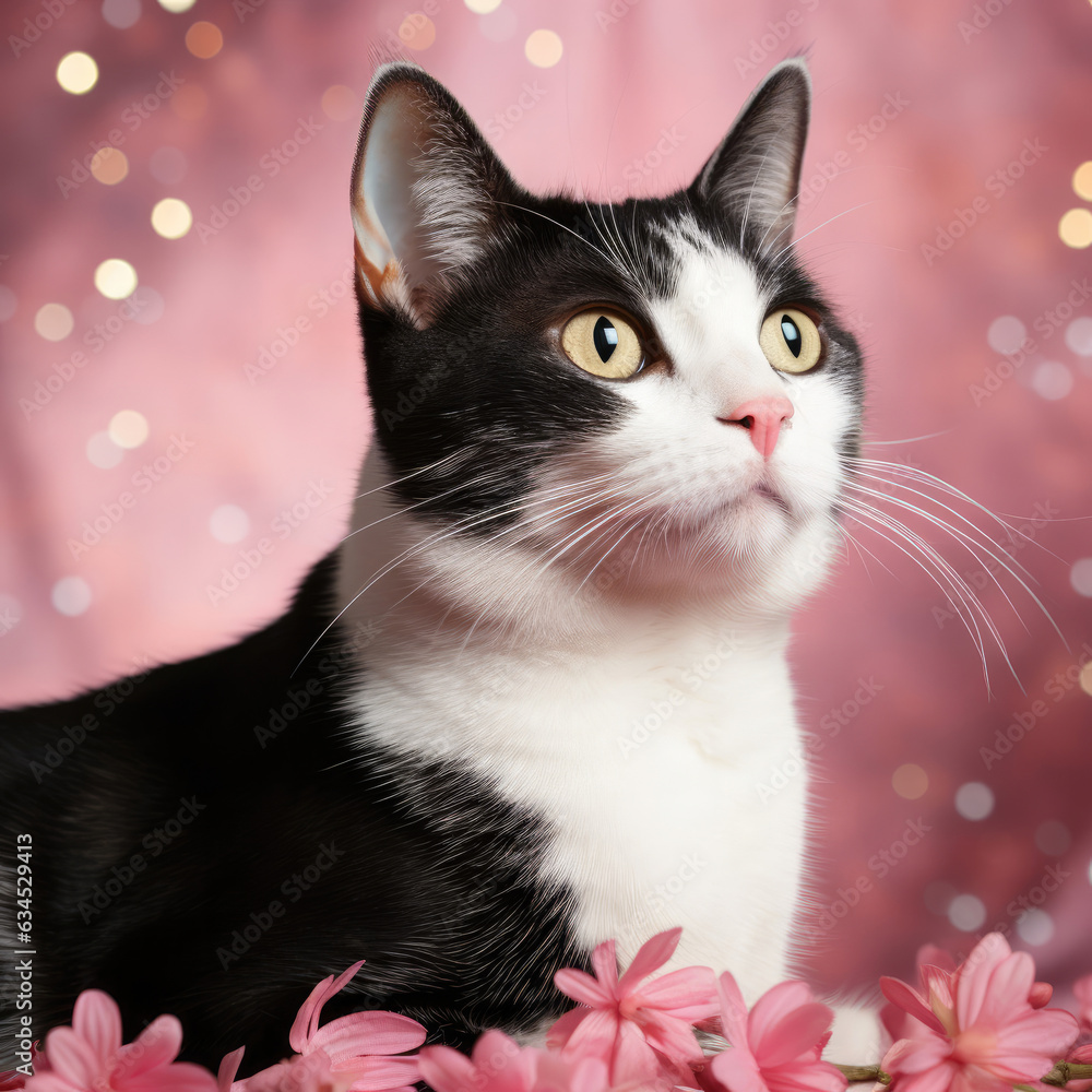 A contented American Shorthair sits in a studio with a coral pastel background, reflecting a sense of contentment and ease.