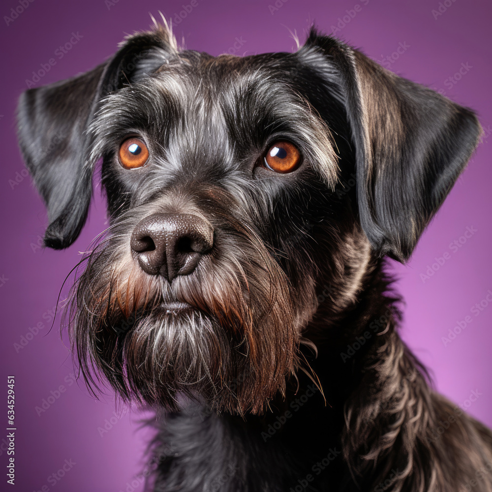 A serious Schnauzer with focused eyes in a dignified pose.