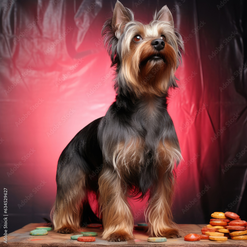 A proud Silky Terrier with a shiny coat stands tall in a studio with a coral pastel backdrop, exuding self-assurance and elegance. A proud Silky Terrier with a shiny coat stands tall in a studio with a coral pastel backdrop, exuding self-assurance and elegance.