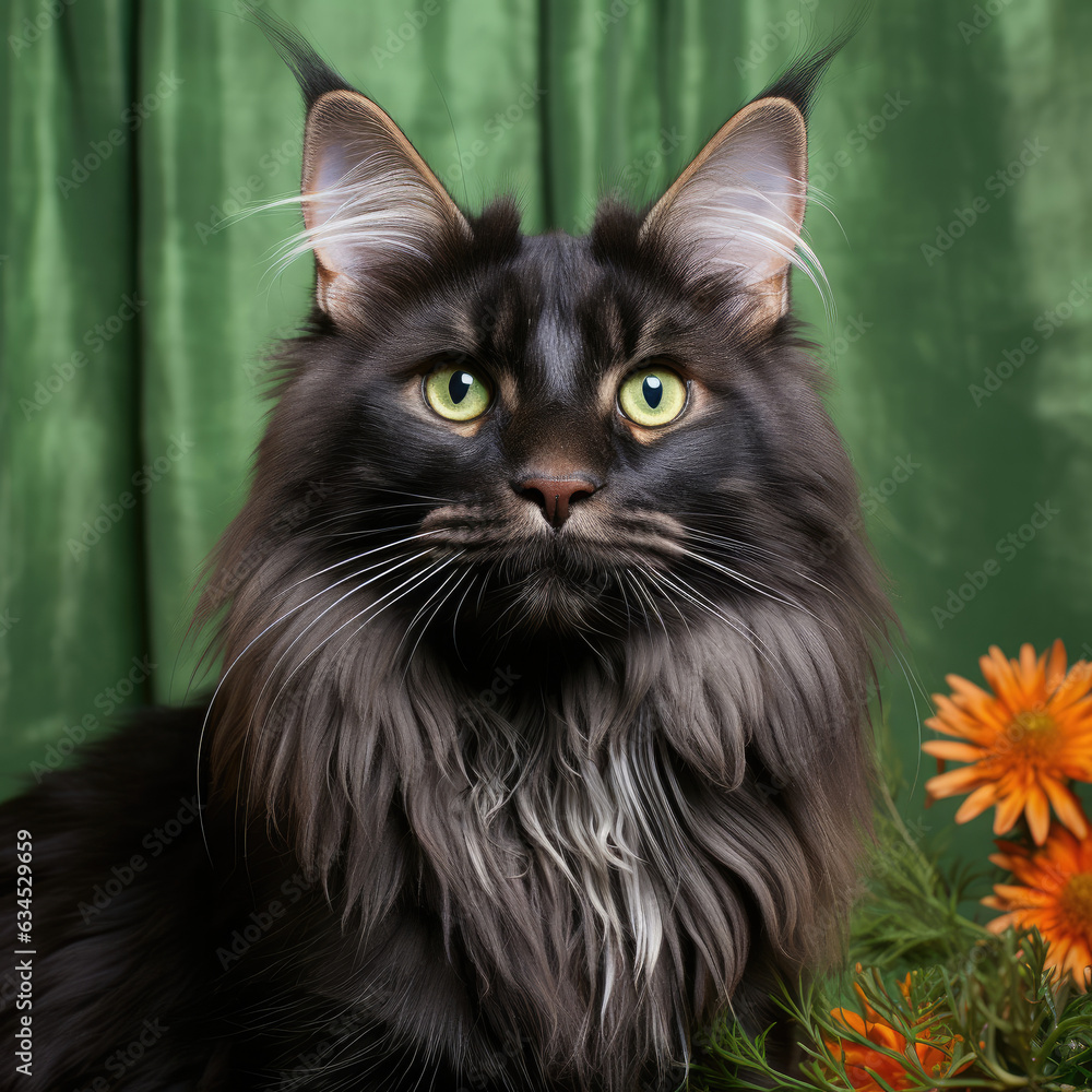 A lively Maine Coon with tufted ears and large eyes peeks into the camera in a studio with a forest green pastel backdrop.