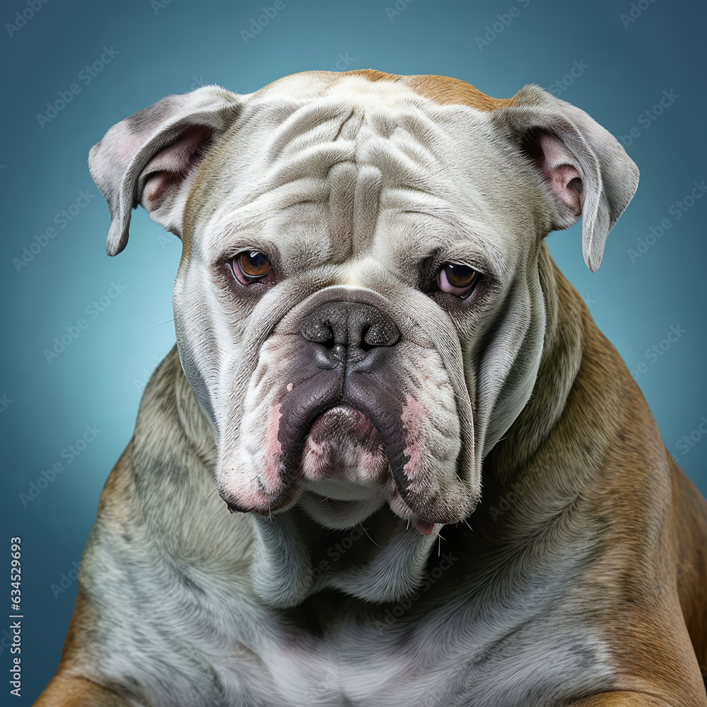 A stubborn Bulldog with a furrowed brow and set jaw conveys determination and character in a studio with a blue pastel backdrop.