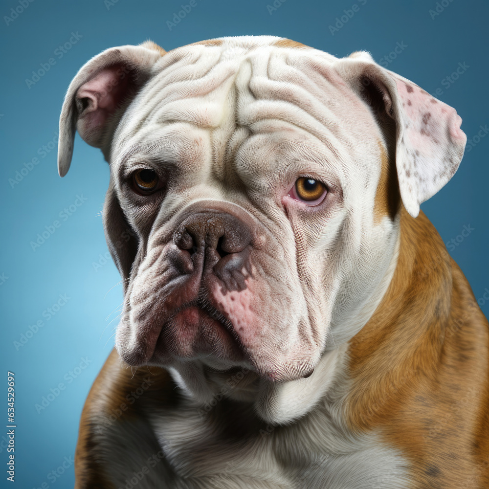 A stubborn Bulldog with a furrowed brow and set jaw conveys determination and character in a studio with a blue pastel backdrop.