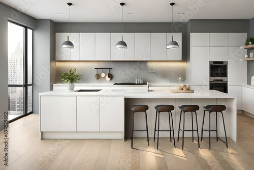 Modern white kitchen countertop with free space for mockup  3D rendering. Modern kitchen interior