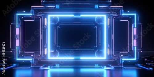 Neon frame of future computer quantum technology for your text mockup. AI Generation 