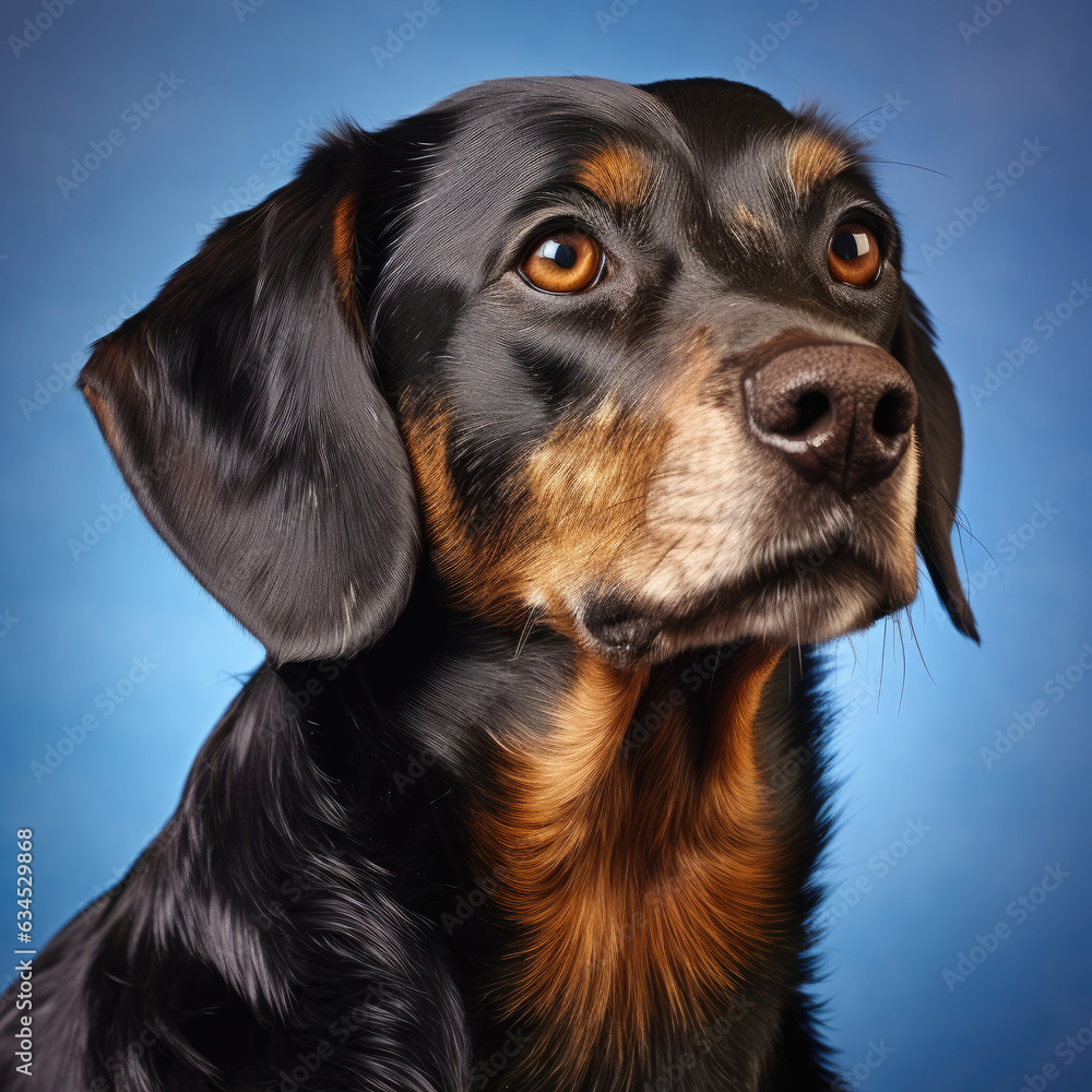A thoughtful Dachshund poses against a soft blue pastel background in a studio, with deep eyes and a contemplative expression.