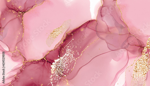 Fototapeta Naklejka Na Ścianę i Meble -  Abstract dusty rose blush liquid watercolor background with gold dots and lines. Pastel pink marble alcohol ink drawing effect, golden splash elements.