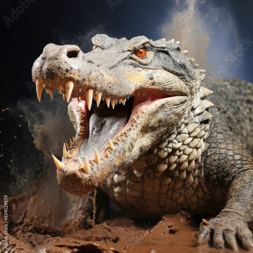 A powerful crocodile with rugged skin and deadly teeth expresses danger and dominance against a swampy pastel backdrop.